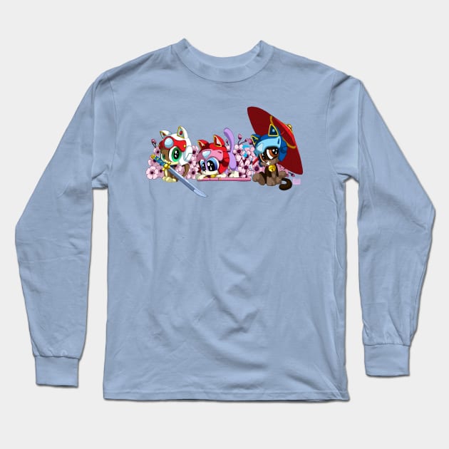 Samurai Pizza Kittens Long Sleeve T-Shirt by Happy Bitey Snake